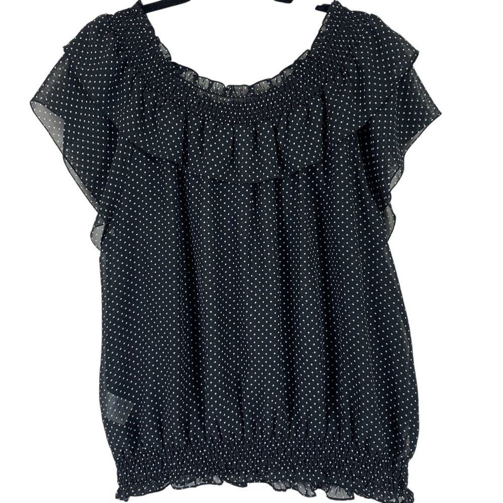 Le Grenier Ruffle Top black& White Polka Dots Flutter detail smocked hem sz xl